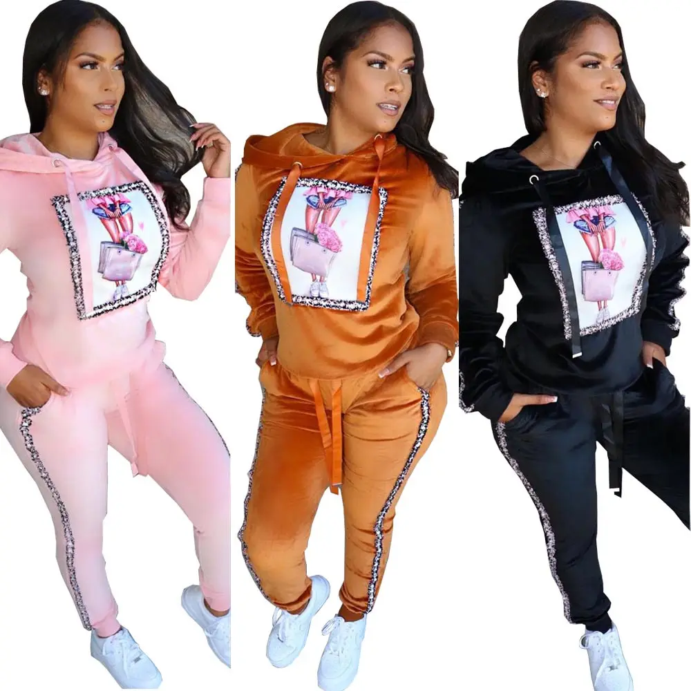 winter clothing 2 piece velvet tracksuit hooded sweat suit women