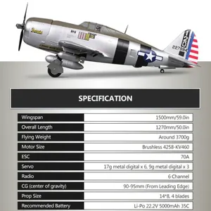   Avión RC de 1500 mm (1.5 m) P47 P- PNP <span class=keywords><strong>Razorback</strong></span> de 6 Canales con Retractilables, LED, 6S, EPO, Escala, Modelo de Avión de Combate Grande - Product Image 4