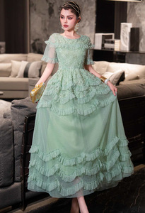 Abito <span class=keywords><strong>lungo</strong></span> XXL 2025 primavera estate festa di nozze signore Sexy <span class=keywords><strong>Tulle</strong></span> pizzo <span class=keywords><strong>con</strong></span> perline a manica corta verde maglia lunga Maxi abito abito - Product Image 5