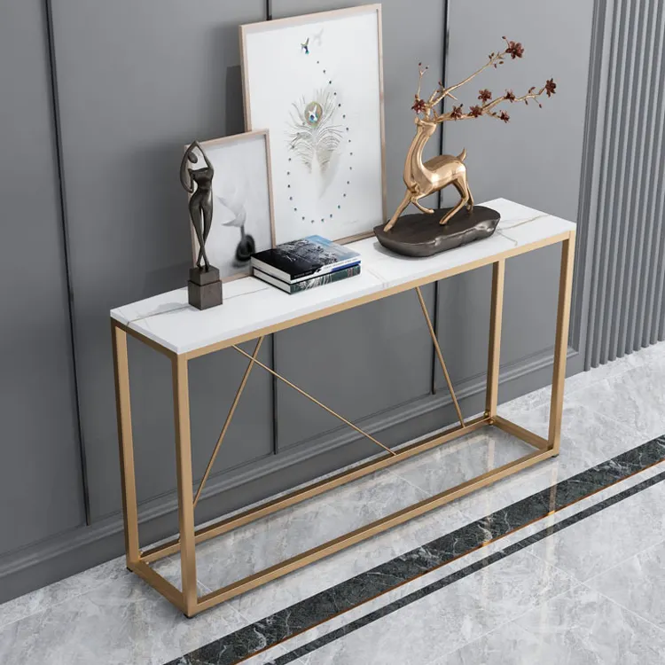 Table Console led, meuble <span class=keywords><strong>d</strong></span>'entrée de luxe, avec dessus en marbre, pied en métal doré