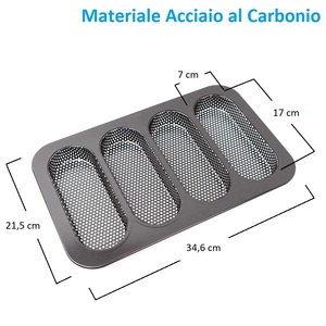 Teglia da forno per sandwich e baguette 34,6x21,5 cm 4 stampi perforati 7x17 cm in acciaio al carbonio antiaderente - Product Image 2