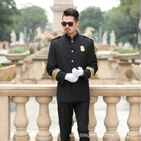 Uniforme de sécurité pour homme à manches longues noir, style formel de concierge, tenue de travail, col montant