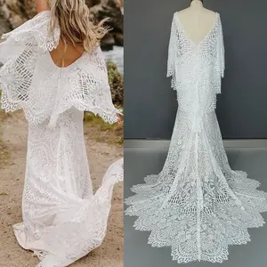 10168# 100% Real Photos Flare Sleeve Sexy V Neck Open Back Mermaid Bohemian Sweep Train Lace Wedding Dress Bride Gown 2021