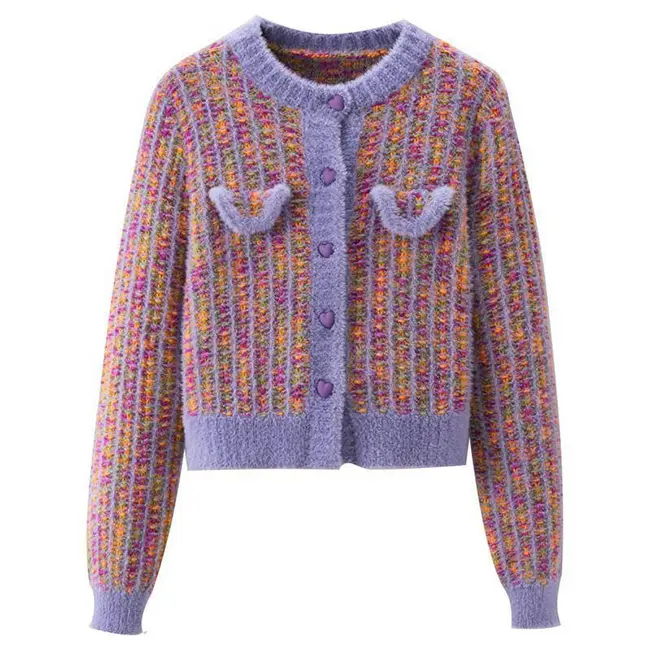 Kustom Kualitas Tinggi Gaya Lembut Mohair Fancy Knit Kardigan Wanita Mantel Multi Warna Mode Tetap Hangat Jacquard Kardigan Sweater