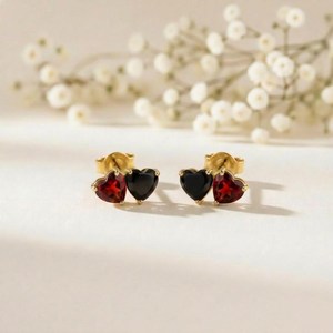 Natural Garnet And Black Obsidian Heart Shape <b>Stud</b> <b>Earrings</b> Minimalist Dainty Gemstone Jewelry In 925 Sterling <b>Silver</b> 18K Gold - Product Image 6