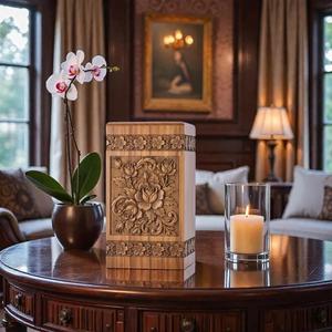 Compre una urna de cremación de madera tallada a mano con diseño floral |   Urna Decorativa para Cenizas de Adultos - Product Image 4