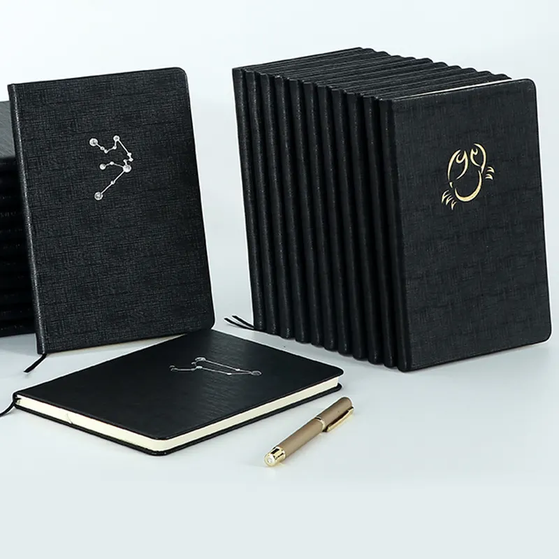 Cuaderno con estampado de constelaciones del zodiaco, cuaderno negro con logotipo personalizado de Amazon 12, Saffiano, cuero sintético, dorado y plateado