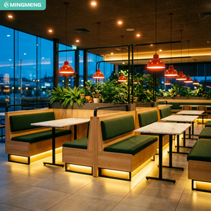 ที่นั่งคาเฟ่ไม้สไตล์โมเดิร์น เบาะผ้าสีเขียว โต๊ะสี่เหลี่ยมหน้าท็อปหินอ่อน เฟอร์นิเจอร์ร้านอาหารเชิงพาณิชย์ - Product Image 1
