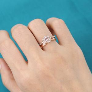 Nouvelle mode Bijoux en argent 2 pièces Ensemble de bagues de fiançailles en morganite Or rose Bague de mariage unique Demi-éternité Marquise CZ Bijoux - Product Image 6