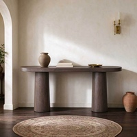 Table console vintage Wabi Sabi, table d'entrée ovale à double piétement en bois foncé, mobilier minimaliste pour salon