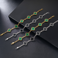 Bracelet Trèfle de Luxe pour Homme, Plaqué Or 18 Carats en Acier Inoxydable avec Onyx Noir et Pierre Verte, Breloque Fleur pour Couple, pour Femme