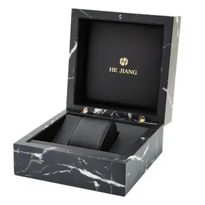 Коробка для часов под заказ, деревянный мраморный шпон, шелкографический логотип, черный лаковый корпус для часов, Высококачественная популярная деревянная коробка для часов