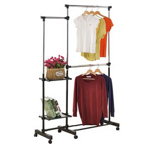 OEM Modern Eco-Friendly Floor Type Double <b>Metal</b> Chrome Clothes Display Racks Home Storage Organizer Series - Product Image 3