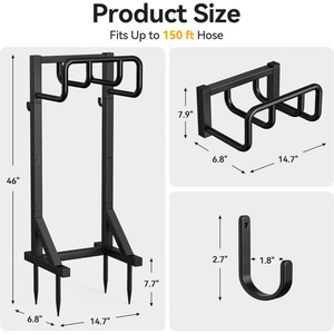 <b>Garden</b> hose holder, freestanding metal hose storage rack with tool <b>hooks</b>, outdoor patio lawn rack. - Product Image 2