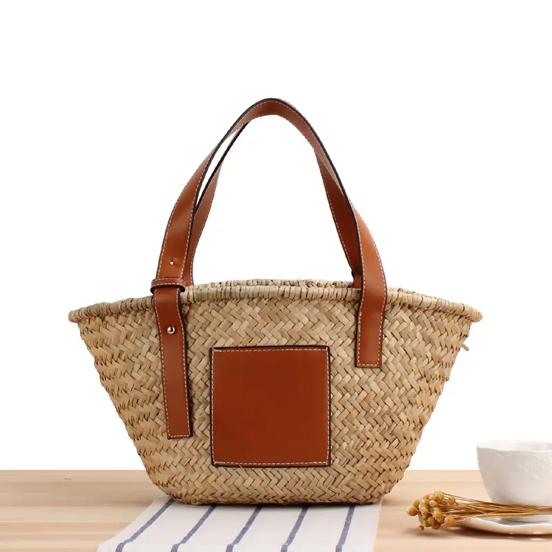 Straw Basket Bag Woven Tote Bag for Summer Beach PU Leather Strap Raffia Handbag for Women