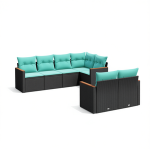 Juego de sofás de patio de ratán sintético negro, 7 piezas con cojines, muebles de exterior, estilo contemporáneo, diseño moderno - Product Image 1