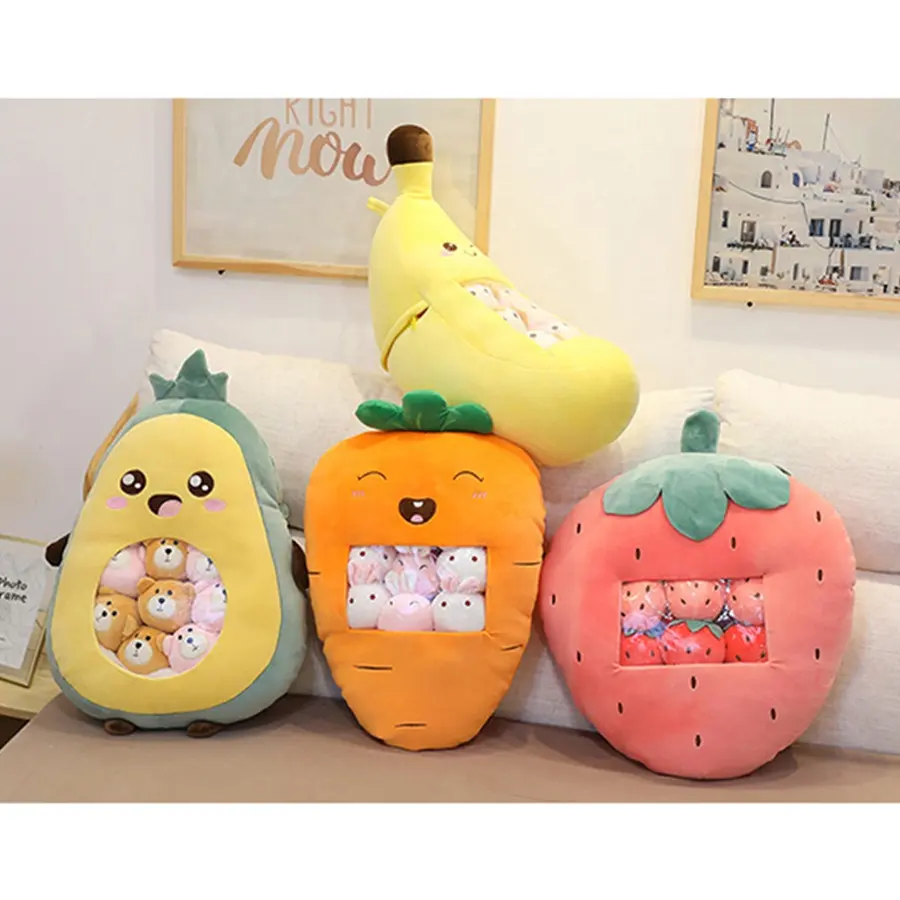 a bag of 8pcs plush toys simulation fruit pillow strawberry carrot with little rabbits snacks pillow