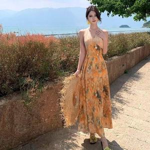 Yellow Halter Dress Tie Dye Print Beach Gown Slim Fit Polyester Summer Vacation Wear - Product Image 2