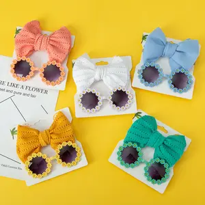 新款儿童儿童花朵太阳镜带头带套装儿童太阳镜尼龙婴儿头带和蝴蝶结婴儿给女孩礼物