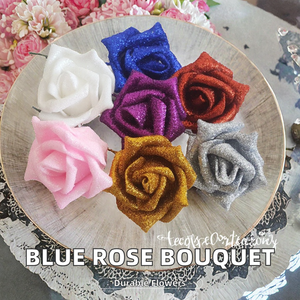 Bouquet de roses artificielles faites à la main avec poudre d'or simulée, fleurs bleues en PE avec tige pour la Saint-Valentin, mariage, décoration de la maison - Product Image 2