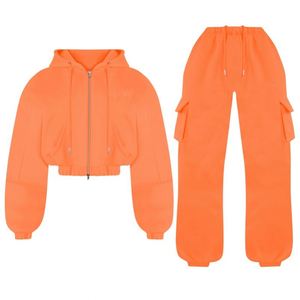 Custom Winter Solid Cropped Zip-Up Hoodie and <b>Sweatpants</b> <b>Set</b> for Women-Sporty Casual Loose Fit - Product Image 1