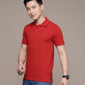 เสื้อโปโลแขนสั้นสีแดงสำหรับผู้ชาย ผ้าฝ้ายถักสีพื้น สวมใส่สบาย ระบายอากาศได้ดี ทรงปกติ - Product Image 1