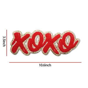 Kustom grosir Hari Valentine Glitter payet besar Chenille bordir XOXO besi pada patch untuk pakaian