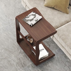 Movable <b>Side</b> <b>Table</b> With Wheels Double Layer <b>Storage</b> Rack For Living Room Coffee <b>Table</b> Solid Wood Design - Product Image 2