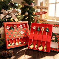 Ensemble de couverts en acier inoxydable poli miroir avec motif de dessin animé de Noël, avec boîte cadeau pour les fêtes de fin d'année