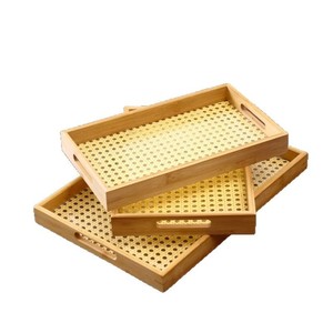 Custom Made Rattan Woven Bamboo <b>Tray</b> Solid Wood Tea Serving <b>Tray</b> <b>Small</b> Medium Large Size Home Restaurant Use - Product Image 1