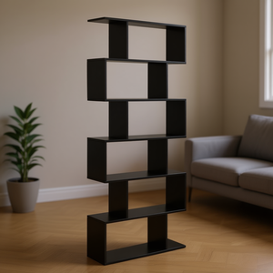 ชั้นวางหนังสือไม้ 6 ชั้น ดีไซน์ทันสมัย สำหรับจัดเก็บและโชว์ของตกแต่งในห้องนั่งเล่น สีดำ - Product Image 2