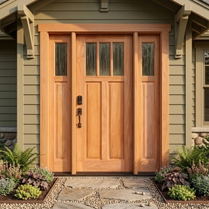 Porte d'entrée en bois massif de style artisanal américain, avec deux panneaux latéraux et un transom en verre pour laisser passer la lumière naturelle. - Product Image 2
