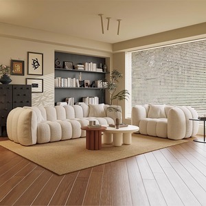 أريكة قماشية فرنسية عتيقة بتصميم اليقطين لثلاثة أشخاص، مجموعة أرائك مستقيمة بحشوة إسفنجية لغرفة المعيشة والشقق الصغيرة، لون كريمي - Product Image 1