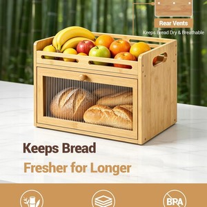 Boîte à pain en bambou avec fenêtre de visualisation 15,7 pouces, rangement alimentaire de cuisine, support pour fruits et légumes, patins antidérapants - Product Image 5