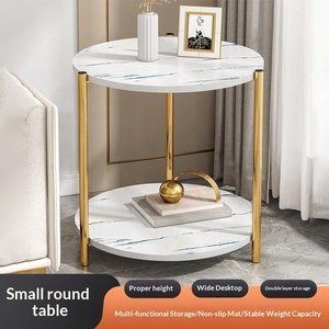 <span class=keywords><strong>Tavolino</strong></span> Laterale Rotondo di Lusso a Doppio Strato, <span class=keywords><strong>Tavolino</strong></span> da Caffè con Vano Portaoggetti per <span class=keywords><strong>Divano</strong></span> in Soggiorno, Struttura in Metallo Dorato con Finto Marmo - Product Image 5