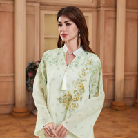 Robe longue Abaya Kaftan musulmane élégante à imprimé floral, broderie de sequins, décorations à franges, manches longues, col en V, respirante et légère
