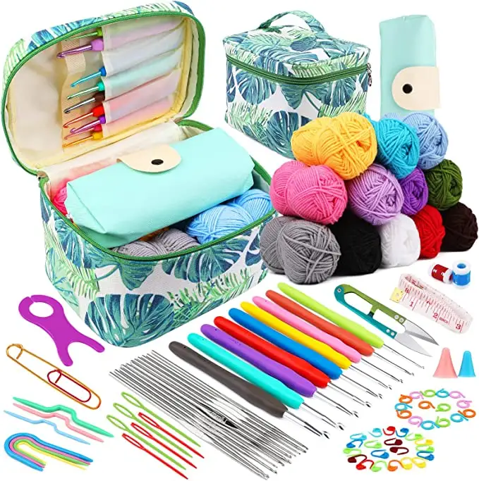 87 Pcs Crochet Kit for Beginners, Crochet Starter Kit, Crochet Needles Set with 12 Yarn Balls Plastic Sewing Needles Stitch Mark