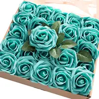 פרחים מלאכותיים 25PCS אמיתי מחפש טורקיז ירוק ורדים w/גזע עבור DIY חתונה סידורי זרי מסיבת בית קישוטים