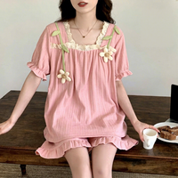 Ensemble de pyjama pour femme en tricot côtelé rose mignon, personnalisable, avec décoration florale 3D, col carré et bordure en dentelle à volants