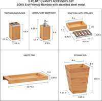 Ensemble de décoration de salle de bain 5 pièces en bambou avec poubelle, porte-savon, distributeur de savon, porte-brosse à dents et plateau