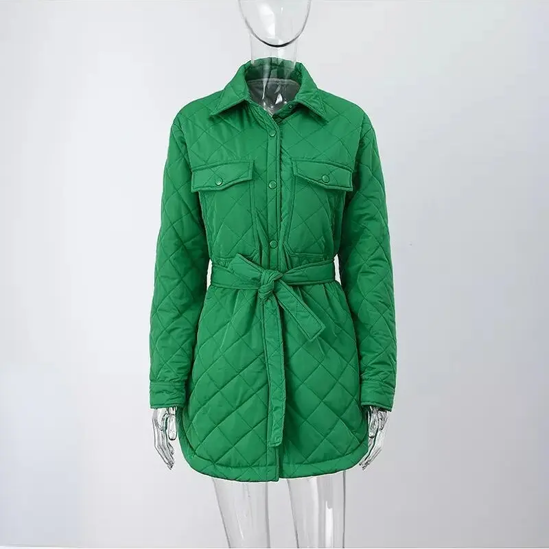 Women's Winter Jacket Super Hot Single-breasted Lapel Long Green Loose Warm Plaid Top Casual Streetwear Quilted Coats Female