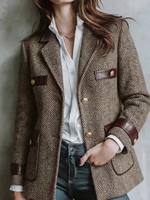 Veste élégante marron en velours tissé à revers, à simple boutonnage, motif chevrons, patchwork, pour femme, style professionnel, costumes et blazers