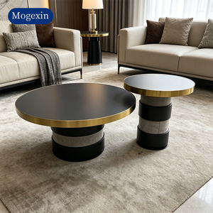 Modern Luxury Round Coffee Table <b>Set</b> Gold Trimmed Tabletop with Layered Cylindrical Base Nesting Table for Living Room - Product Image 1