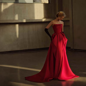 Nt105 <b>Red</b> Satin Chiffon Evening Gown Elegant Party Plus Size Mermaid Silhouette Sweetheart Feathers Rhinestone Appliques - Product Image 1