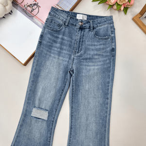 2026 NEW Ladies High Rise Flare Denim <b>Pants</b> with Knee Cutout Detail Classic Five Pocket Style - Product Image 3