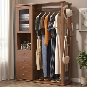 Porte-manteau moderne en bois massif avec 6 crochets et 4 étagères, meuble de rangement multifonctionnel autoportant pour chambre et salon - Product Image 4