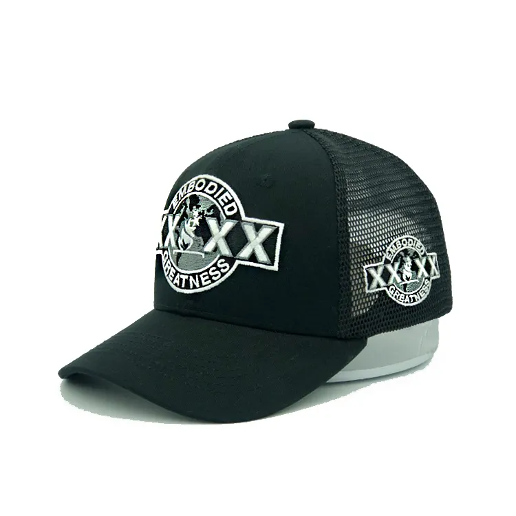قبعة بيسبول ذات تصميم جديد 2023 عالية الجودة ومطرزة بشعار مخصص وتحتوي على 5 أقسام شبكية قبعات سائقي الشاحنات