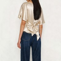 Chemisier asymétrique en satin perlé champagne, col bateau, manches drapées à volants, haut pour femme, personnalisable, OEM, vente en gros, fournisseur en gros d'usine