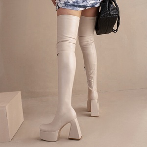 Size 48 Soft Stretch Boots <b>Shoes</b> Long Over Knee Block High Heel Lady's Modern <b>Shoes</b> Autumn Winter Square Toe Boots Platform - Product Image 3