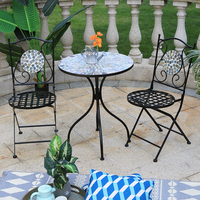 Ensemble de bistrot en mosaïque, 3 pièces, Table à manger et chaise en pierre, fait à la main, style Royal